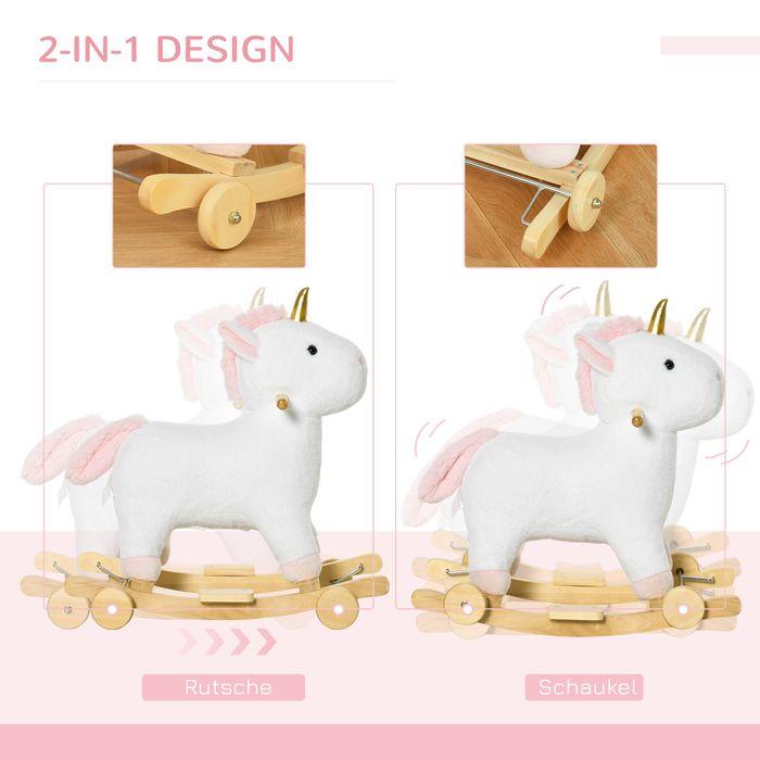 Immagine prodotto Swisshandel24 Cavallo a dondolo 2-IN-1 Animale a dondolo con ruote Peluche Bianco 63 x 38 x 63 cm