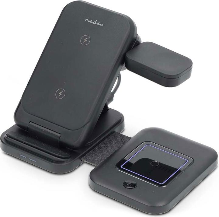 Actual product image Nedis Wireless charger | 3 in 1 | 15 W | LED display in use | incl. cable | USB-A / USB-C™ | (15 W)
