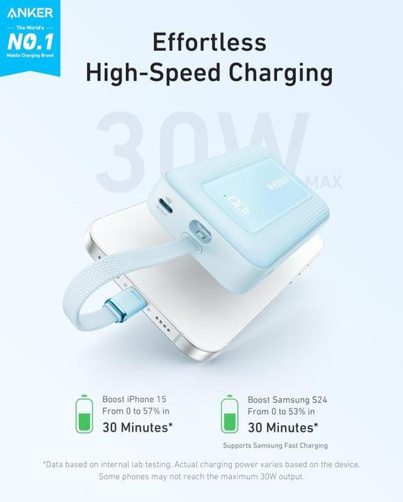 Actual product image Anker - Power Bank Zolo (A1688031) - Type-C, USB, 10000mAh, 30W, with Type-C Cable - Light Blue (10000 mAh, 30 W)