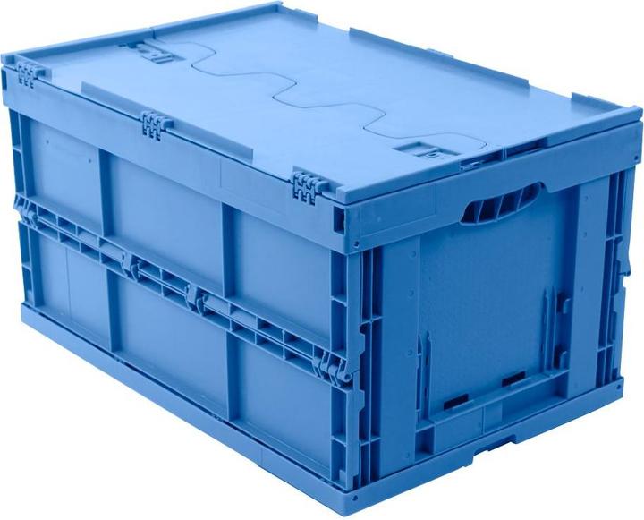 Walther Polypropylene folding box, capacity 65 l, closed model, blue, with hinged lid