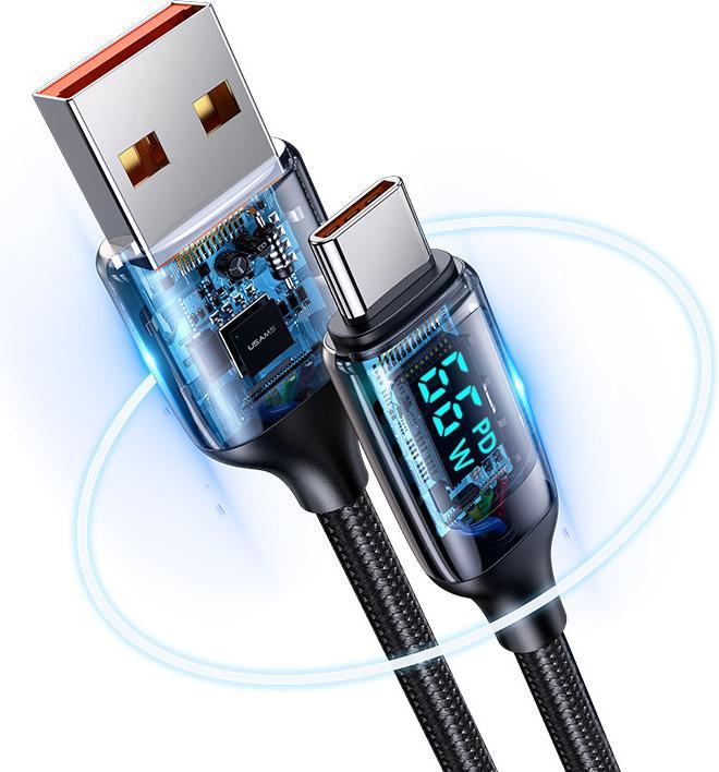 Actual product image Usams Cable pleciony U78 USB-C 1.2m LED 6A Fast Charging czarny/black SJ544USB01 (US-SJ544) (1.20 m)