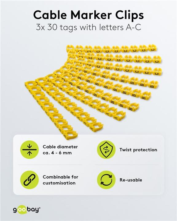 Immagine prodotto Goobay Clip segnacavo "Lettere A-C", per cavi di diametro fino a 6 mm, 6 mm