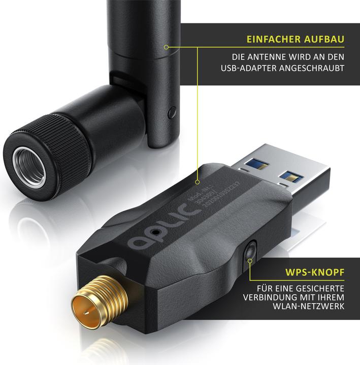 Image du produit Aplic Clé WLAN, adaptateur WIFI 1200MBit/s, 2,4Ghz + 5Ghz Dual Band, antenne externe 5 dBi, dongle USB 3.2 (USB-C 3.2 Gen 1)