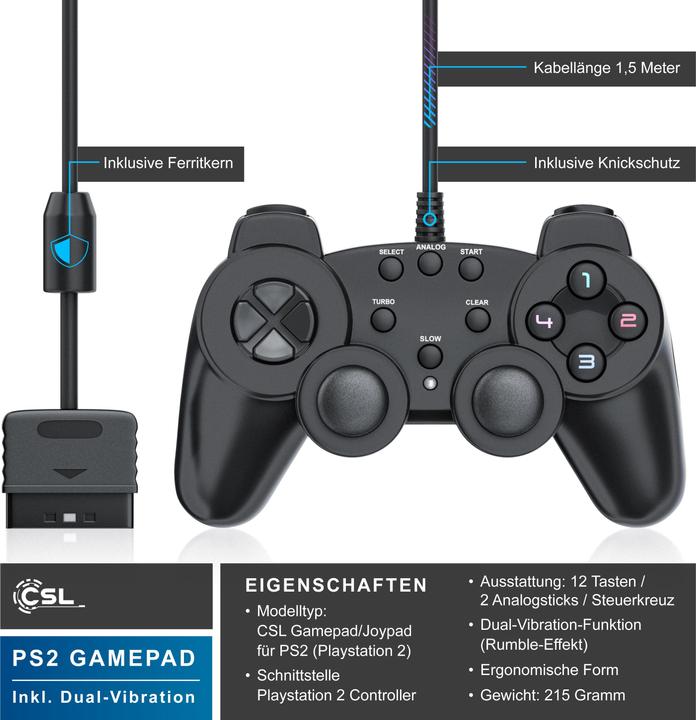 Actual product image CSL 2x PlayStation controller, PS2 gamepad with dual vibration (rumble effect), precision & comfort (PS2)
