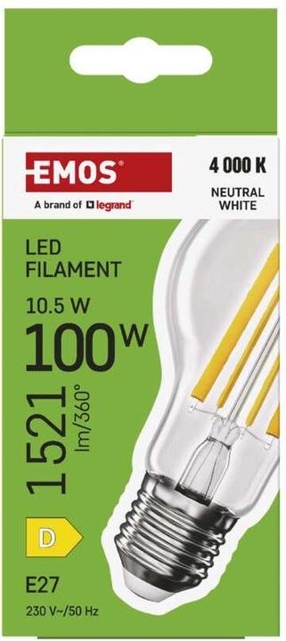 Actual product image Emos LED lamp Filament A60 / E27 / 10.5 W (100 W) / 1521 lm / Neutral white (E27, 10.50 W, 1521 lm, 1 x, D)