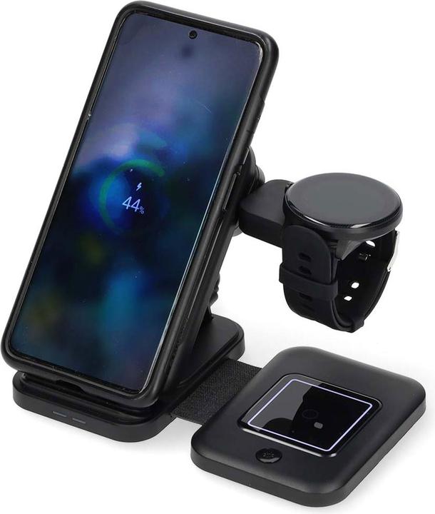 Actual product image Nedis Wireless charger | 3 in 1 | 15 W | LED display in use | incl. cable | USB-A / USB-C™ | (15 W)