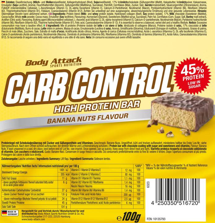 Nährwerte und Zutaten Body Attack Carb Control (15x100g Riegel) (Blueberry Yoghurt, 15 Stk., 1500 g)