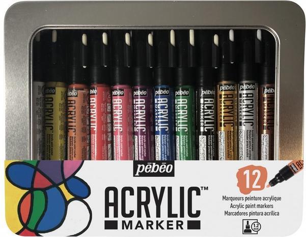 Actual product image Pebeo Metal Box Acrylic Marker - 12 Markers 1,2 Mm (Orange, Rose, Violet, White, Yellow, Cyan, Green, Black, Red, 1.20 mm, 12 x)