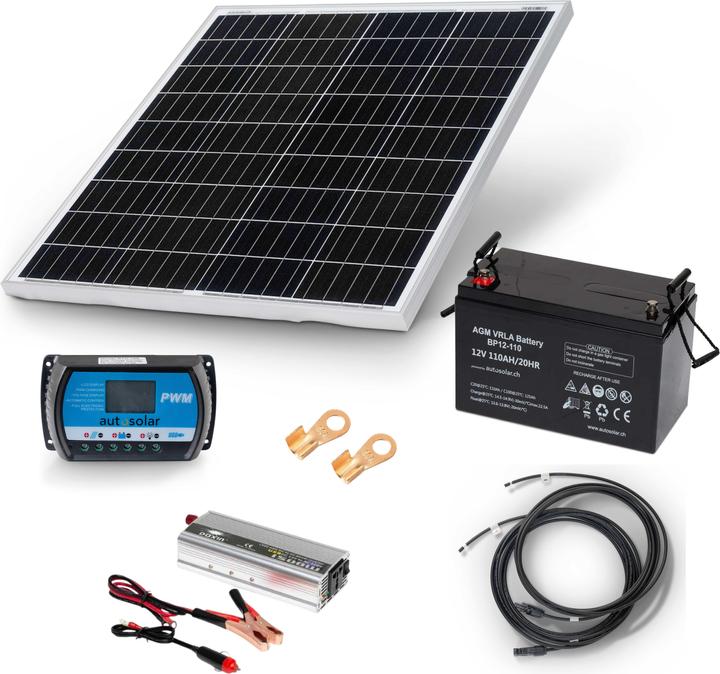 Autosolar Sistema solare starter pack Sistema solare da 100W con batteria AGM da 110Ah e inverter da 1500W (100 W)