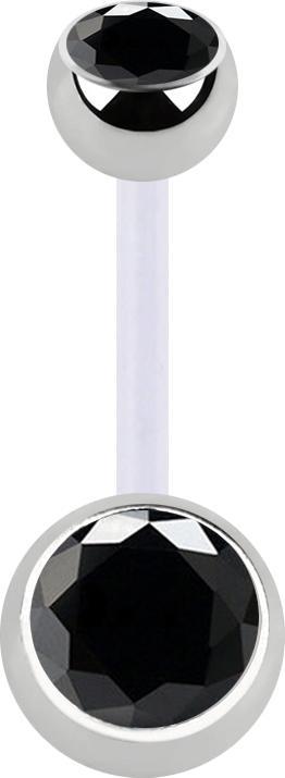 Star Piercing Banane transparent mit zwei Kugeln silber Kristall schwarz (Bioflex, ohne Messing, Chirurgenstahl 316L)