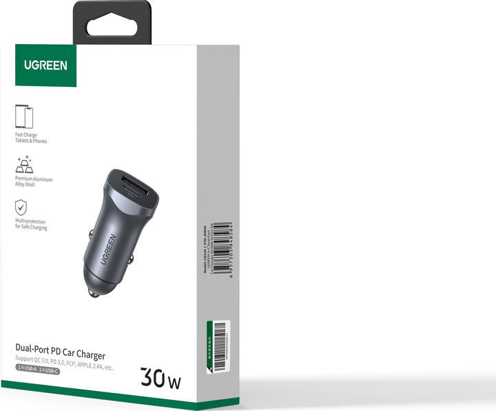 Produktbild Ugreen CD130 Car Charger, USB-A+PD 3.0, USB-C, QC3.0 30W (Grey)