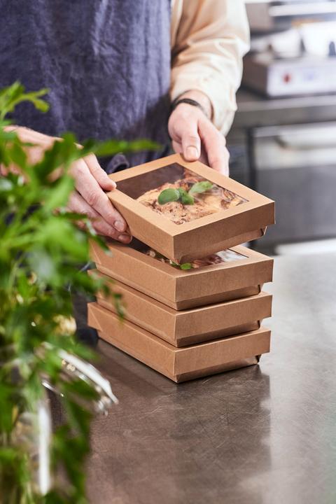 Actual product image Duni Viking Brick Lid with PLA Window Brown Cardboard/PLA 200x140x30 (300 x)