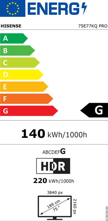 Label énergétique Hisense TV 75E77KQ/Pro sw Téléviseur QLED (74.41", QLED, 4K)