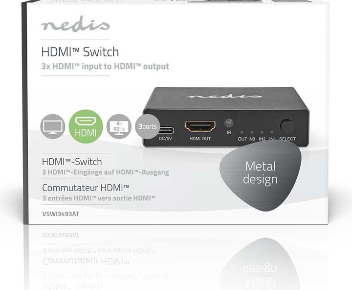 Immagine prodotto Nedis Switch HDMI ™ | 3 porte | 3x ingresso HDMI™ | uscita HDMI™ | 8K@60Hz | 45 Gbps | remoto