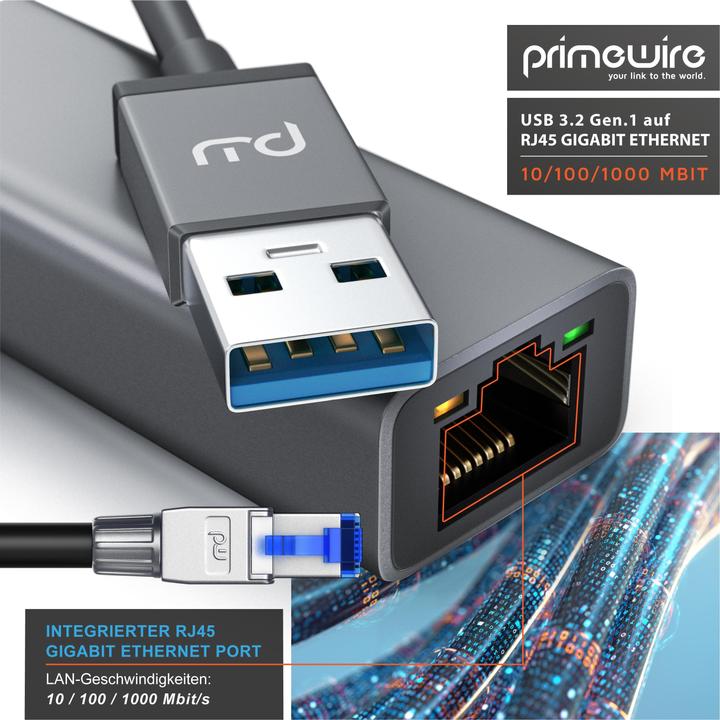 Produktbild Primewire Netzwerk Adapter USB Typ A zu RJ-45 Ethernet, USB 3.2 Netzwerkadapter extern mit Gigabit RJ45 Port (USB-C 3.2 Gen 1, RJ45 (1x))