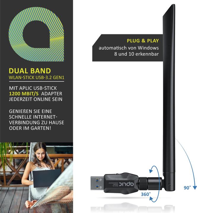 Image du produit Aplic Clé WLAN, adaptateur WIFI 1200MBit/s, 2,4Ghz + 5Ghz Dual Band, antenne externe 5 dBi, dongle USB 3.2 (USB-C 3.2 Gen 1)