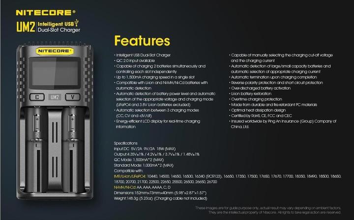 Actual product image Nitecore UM2 USB charger (1 pcs., 14500, 16340, 18650, 26650, Chargers without battery)