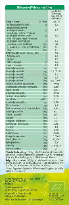 Nährwerte und Zutaten Holle Bio-Folgemilch 4 (400 g, ab 12 Monaten)