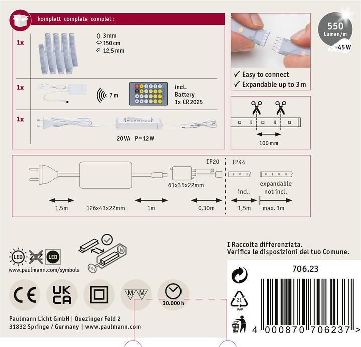 Produktbild Paulmann MaxLED 500 Stripe Set (Tageslicht, Weiss, Warmweiss, 150 cm, Indoor)