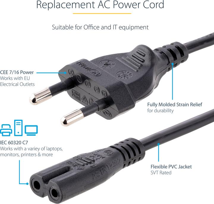 Immagine prodotto StarTech com 752E-2M-POWER-LEAD, 2 m, CEE7/16, Accoppiatore C7, H03VVH2-F, 250 V, 2.5 A (2 m)