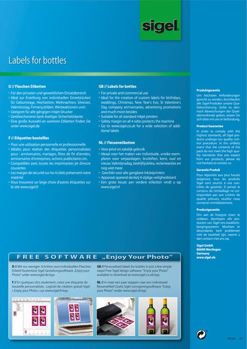 Produktbild Sigel InkJet Flaschen-Etiketten A4