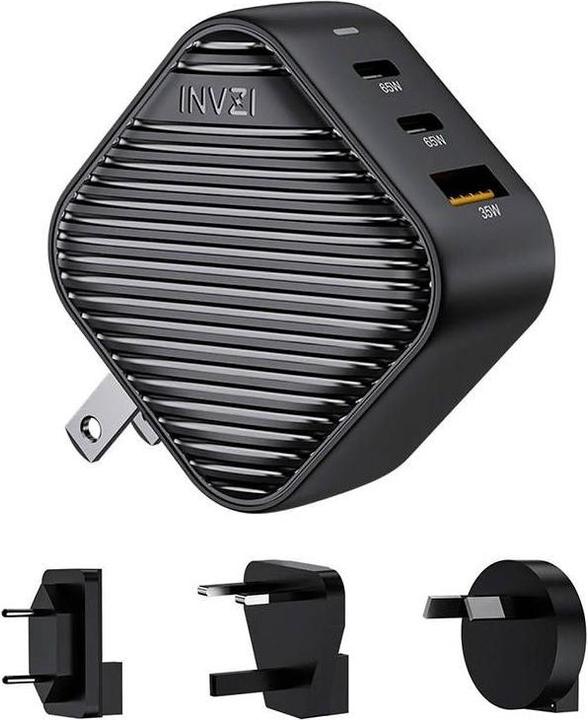 Invzi GanHub 2x USB-C + USB wall charger, 65W, EU/UK/AU/US (black) (65 W)