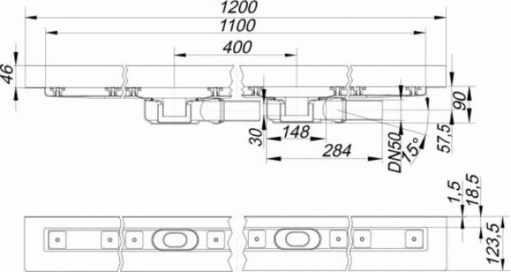 Produktbild Dallmer Duschrinne CeraLine PLAN 2 Abläufe 521989, W 1100mm, DN 50 Bauhöhe 90mm (1450 mm)