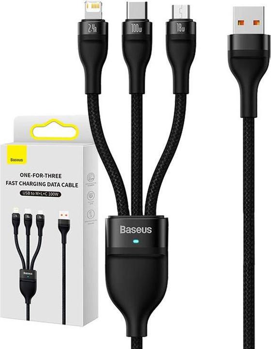 Actual product image Baseus 3in1 USB cable Flash Series, USB-C + micro USB + Lightning, 100W, 1.2m (black) (1.20 m, USB 3.2 Gen 1)