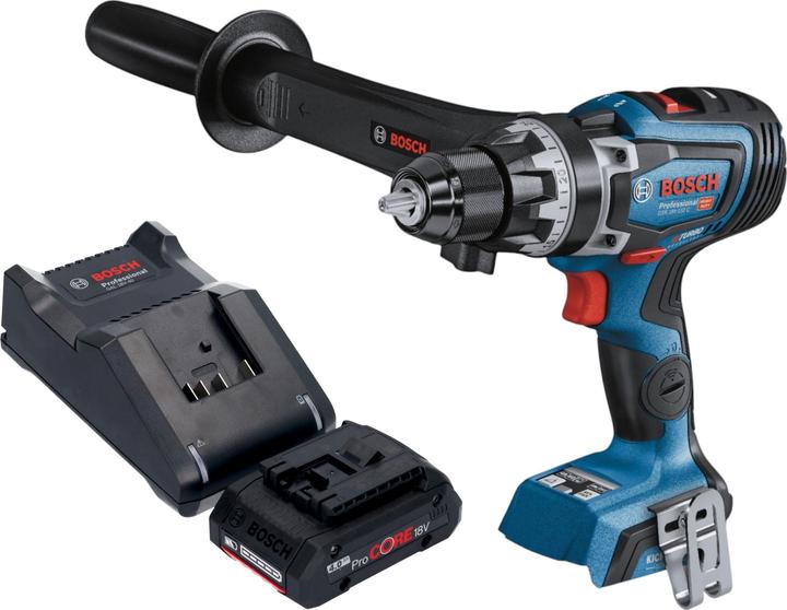 1x Bosch GSR 18V-150 C Professional Akku Bohrschrauber, 1x Zusatzhandgriff, 1x Bosch ProCORE 18 V 4,0 Ah Professional Akku, 1x Bosch GAL 18V-40 Ladegerät