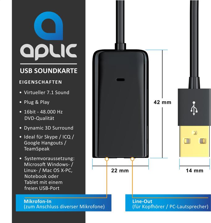 Actual product image Aplic Sound card Virtual 7.1 Surround, USB mini external, Dynamic 3D Surround, 3.5mm input, 3.5mm output (USB 2.0)