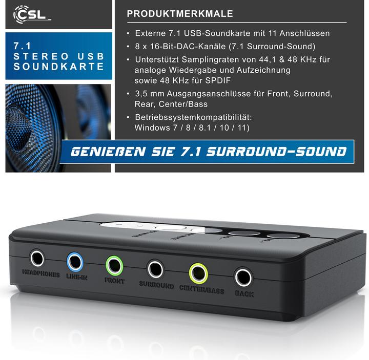 Image du produit CSL Carte son externe USB, son surround 7.1, adaptateur audio stéréo, pour PC - Win 10, 11 (USB)