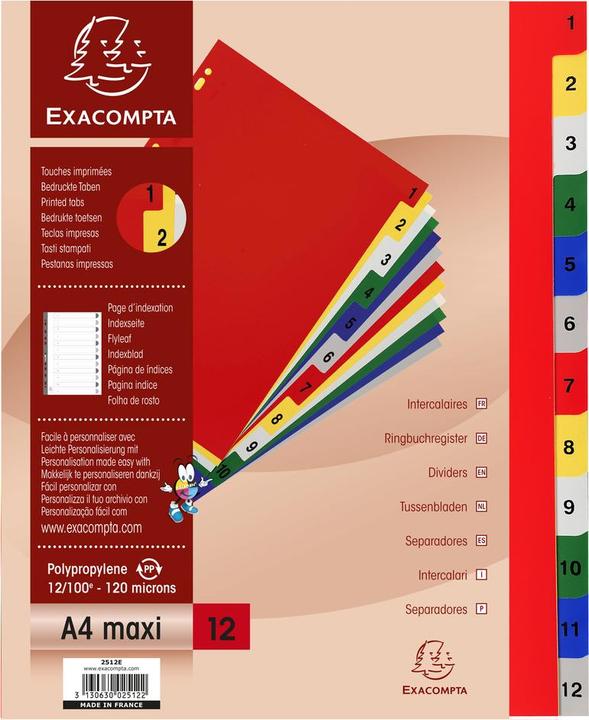 Image du produit Exacompta Intercalaires imprimés numériques polypropylène 12/100e - 12 positions - A4 Maxi - Assorties vives