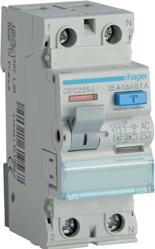 Actual product image Hager 2P 25A 0.1A RCD type AC (CEC225J)