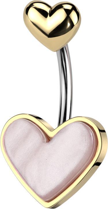 Star Piercing Banane silber mit zwei Herzen vergoldet Perlmutt pink (Messing, Chirurgenstahl 316L, Organisch)