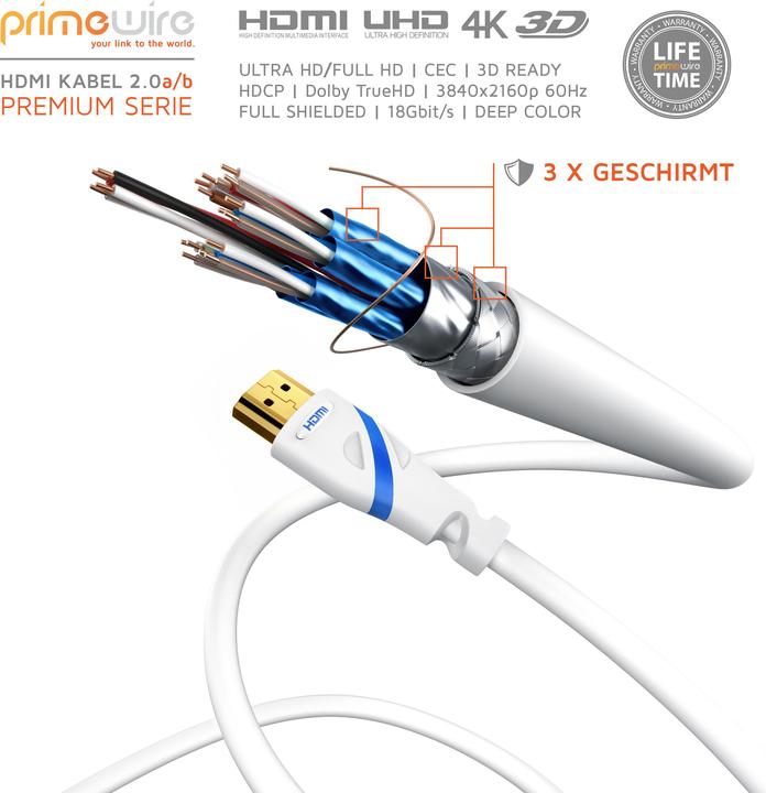 Actual product image Primewire HDMI cable 2.0b - 4k 60Hz Ultra HD - Ethernet Highspeed - Full HD - 3D - ARC - 3 x shielded (3 m, HDMI)