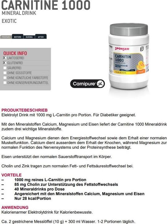 Nutritional values and ingredients Sponser Carnitine 1000 (Elderberry, Lemon, 1 pcs., 400 g)