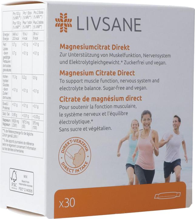 Nährwerte und Zutaten Livsane Magnesiumcitrat Direkt Gran (30 Stück, Kapseln, Tabletten, 101 g)