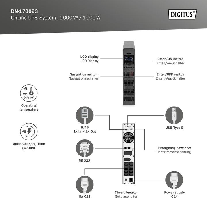 Immagine prodotto Digitus Sistema UPS OnLine, 1000 VA/ 1000 W (1000 VA, 1000 W, Doppio convertitore online UPS)