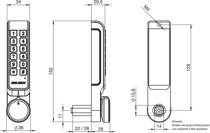 Produktbild Assa Abloy Elektronisches Schrankschloss ML53PA PIN-vertikal Kurzform,TS 1-16mm (Elektronische Zahlenkombination)