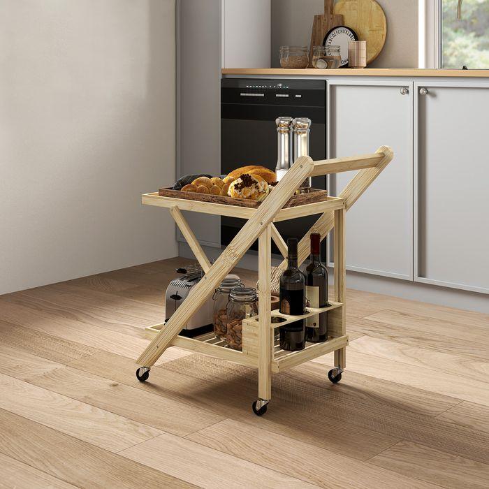 Image du produit Swisshandel24 Küchenwagen Servierwagen mit Arbeitsplatte, 2 Ebenen, Weinregal, für Büro Natur