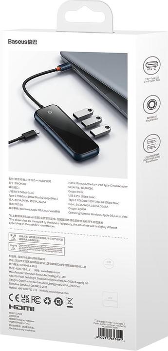 Image du produit Baseus AcmeJoy 4-Port Type-C HUB AdapterType-C to USB3.0*3+Type-C PD&Data *1Dark Gray (USB-C, 4 Ports)
