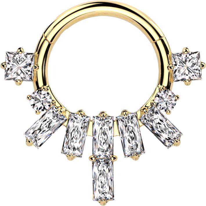 Star Piercing Micro Segmentring klappbar vergoldet Prinzess Kristalle mit zwei runden und eckigen Kristalle (Chirurgenstahl 316L, ohne Messing)