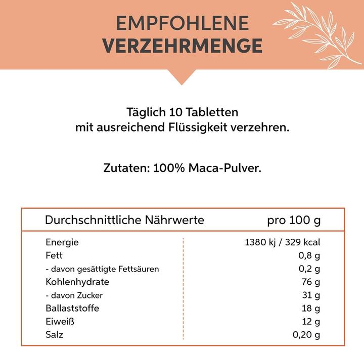Valori nutrizionali e ingredienti Eltabia Compresse di maca dal Perù | Qualità premium di cibo crudo (400 Pezzo/i, Pillole)