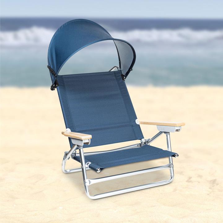 Actual product image HI Strandstuhl mit Sonnenschutz, verstellbarer Rückenlehne & hölzernen Armlehnen