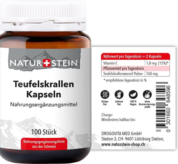 Valeurs nutritives et ingrédients Naturstein Griffe du diable Capsules 100 pcs (100 pièce(s), Capsules, 149 g)