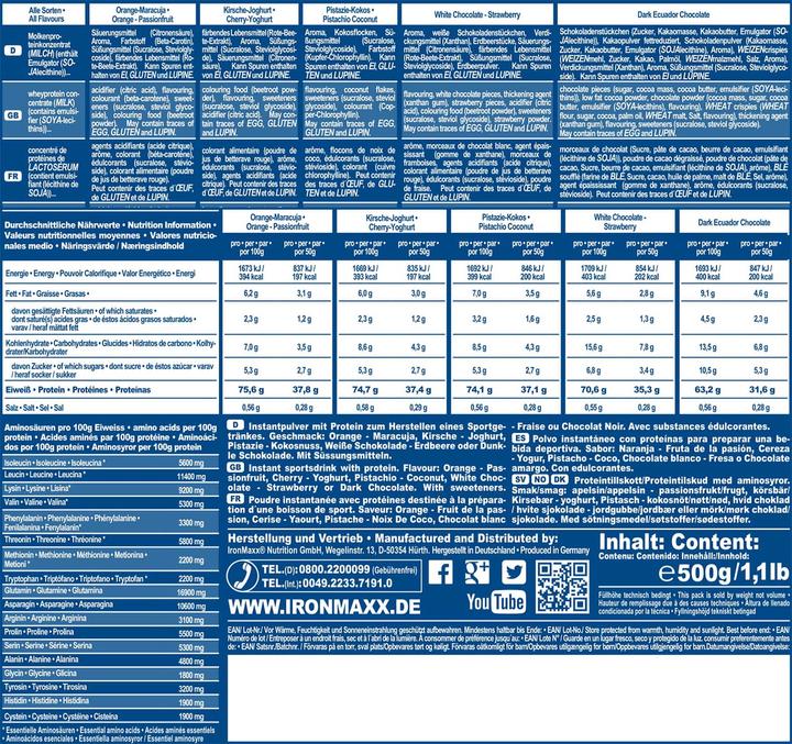 Nährwerte und Zutaten IronMaxx 100% Whey Protein (500g Beutel) (Neutral, 1 Stk., 500 g)
