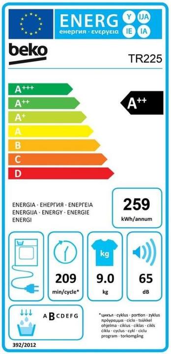 Etichetta energetica Beko Asciugatrice TR225 (9 kg, A destra)