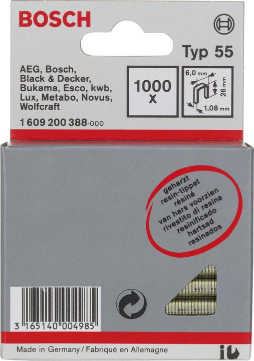 Produktbild Bosch Professional Zubehör Schmalrückenklammer Typ 55, geharzt 6 x 1,08 x 26 mm, 1000er-Pack