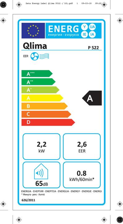 Label énergétique Qlima P 522 - Mobiele airco (7506.71 BTU/h)