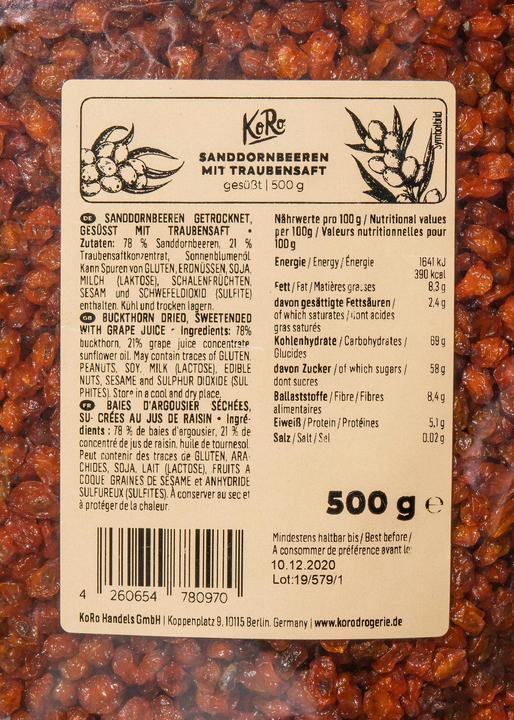 Nutritional values and ingredients KoRo Dried sea buckthorn berries, sweetened with grape juice (500 g)